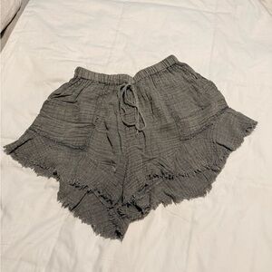 High-Waist Frayed Hem Gauze Shorts in Charcoal Gray